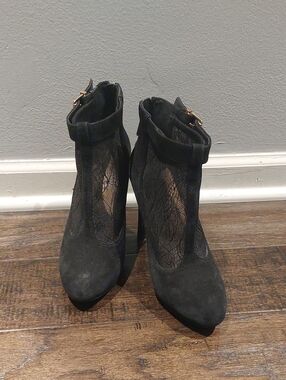 Black Lace-Inset Ankle Boots with Buckle